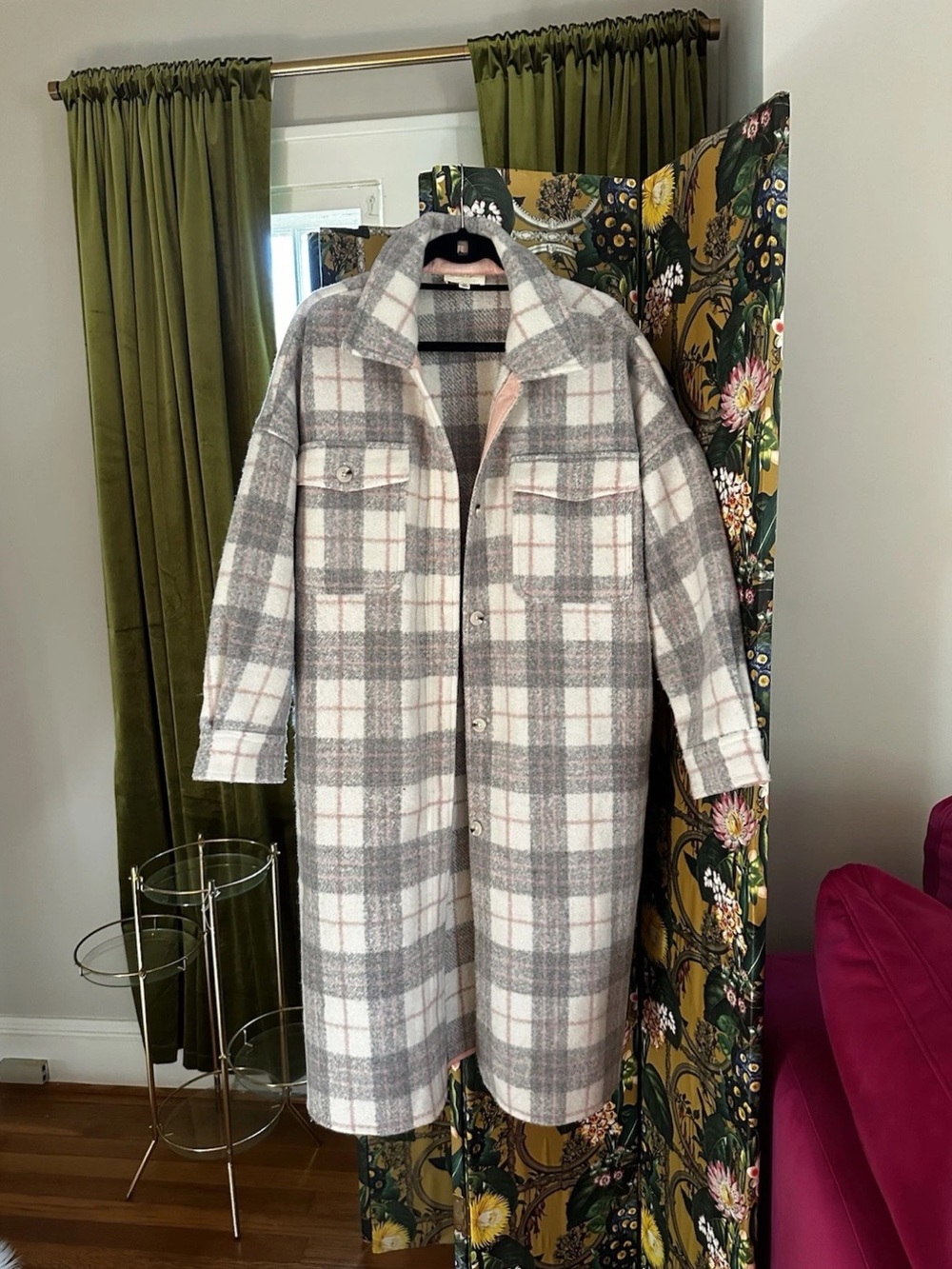 Anthropolgie If By the Sea plaid white grey and pink coat jacket 🌸💗🎀